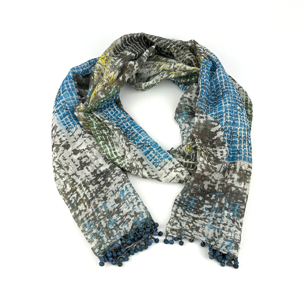 Silk/Cotton Scarf w/Poms Blue and Gray