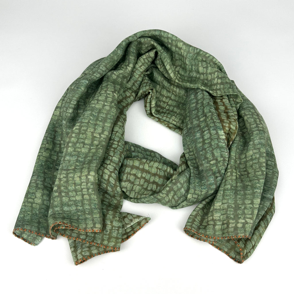 Silk Stole, Squares,Green/Grey