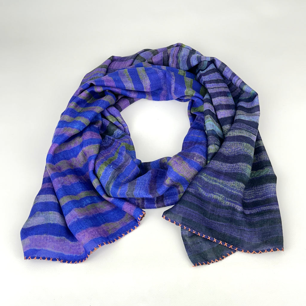 Wool Silk Stole Waves Prple/Pk Emb Edges