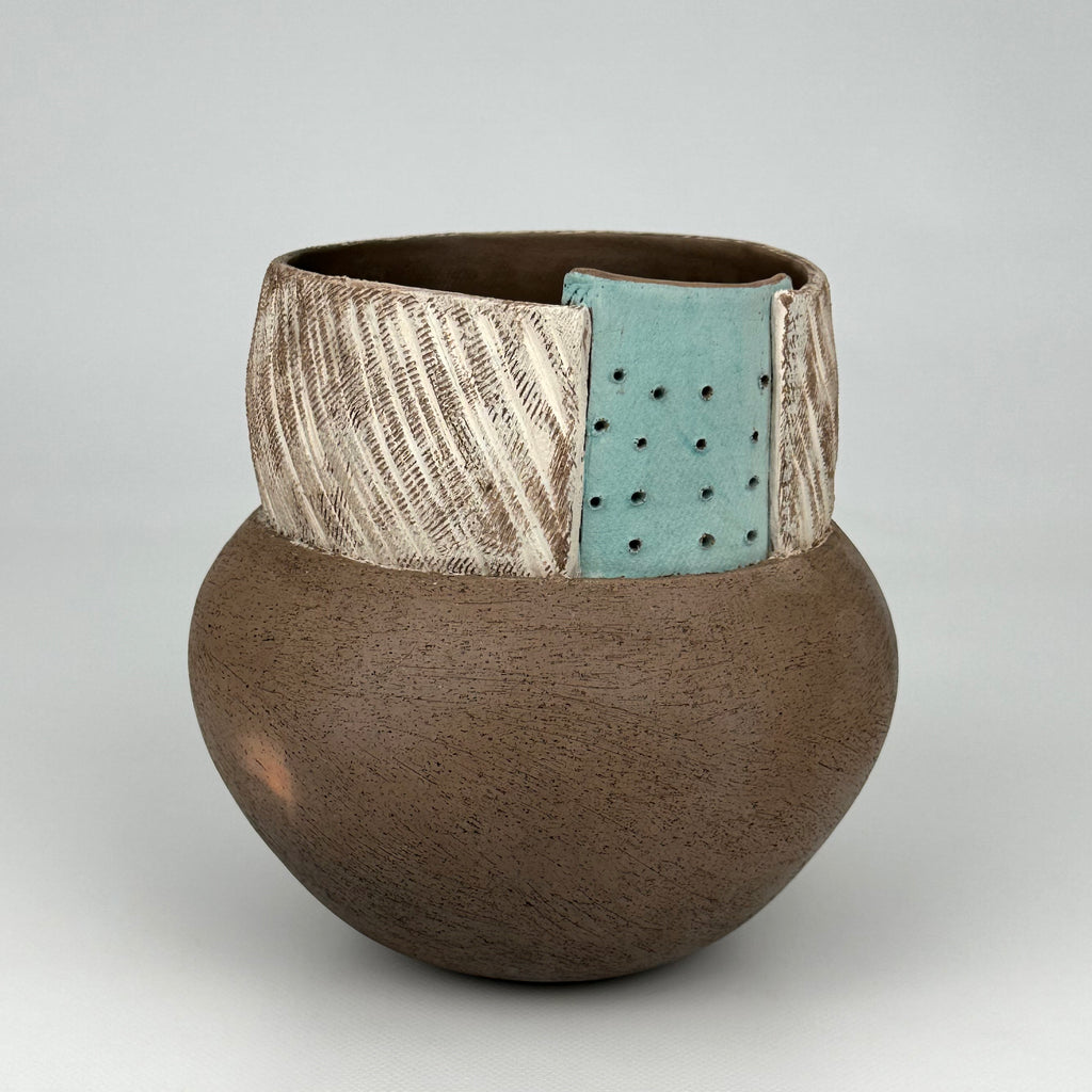 Brown Vessel With Turquoise Panel