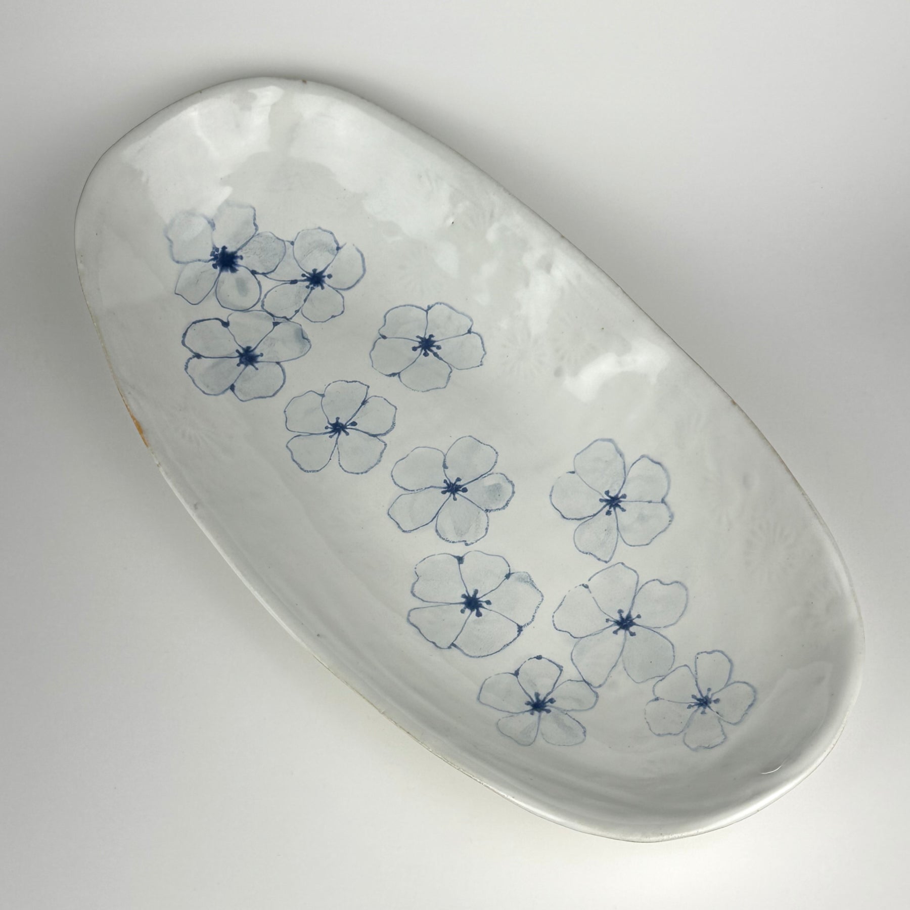 Large Shallow Oval Tray, Blue Flowers