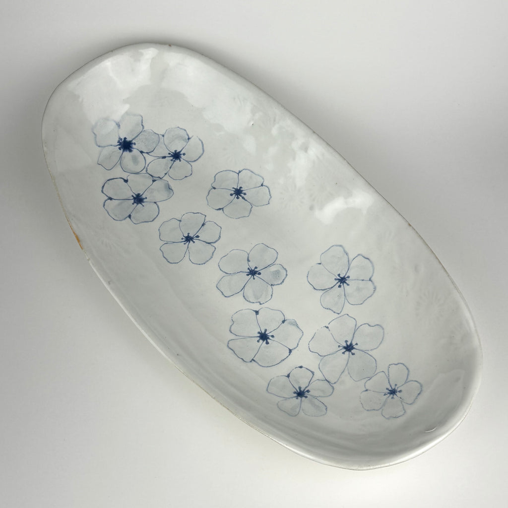 Large Shallow Oval Tray, Blue Flowers
