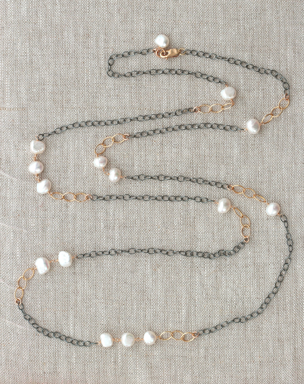 White Pearl Mixed Metals Necklace, 42"