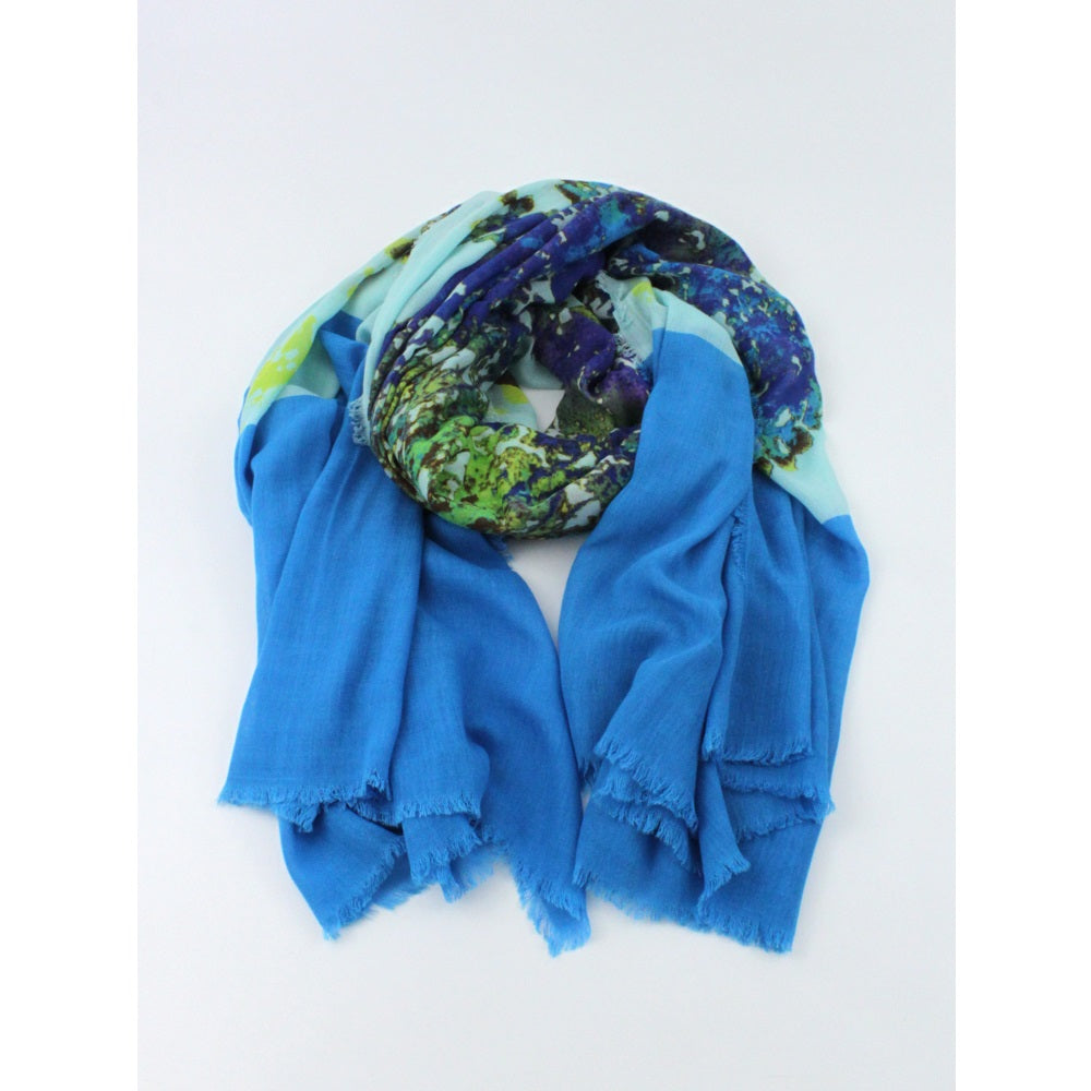 Blue Floral Scarf With Border